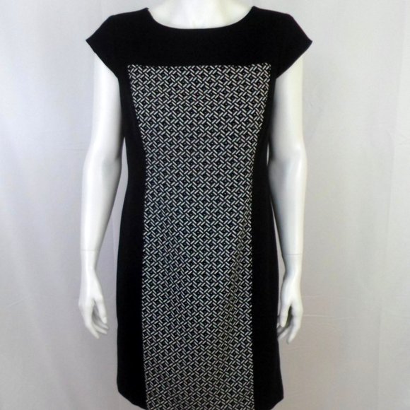Kasper Womens 8 Black White Geometric Print Panel Cap Sleeve Sheath Dress - Picture 1 of 8